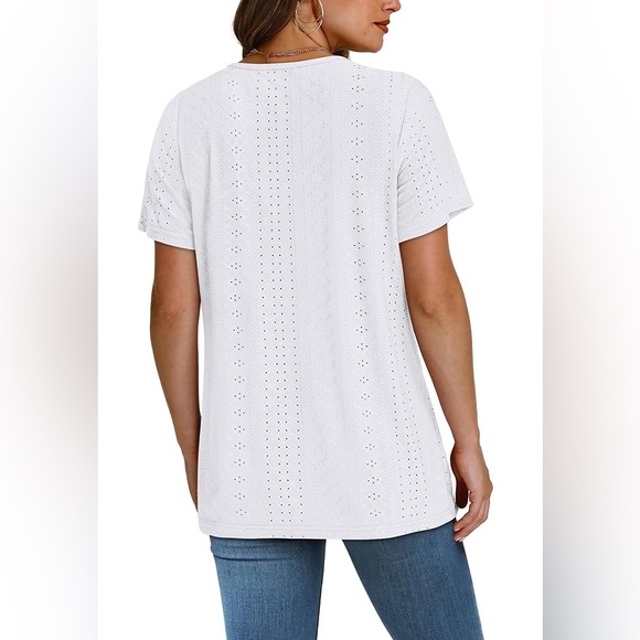 SAMPEEL Women’s Eyelet Crossed V Neck T Shirts Loose Casual Short Sleeve Size M - Picture 2 of 9